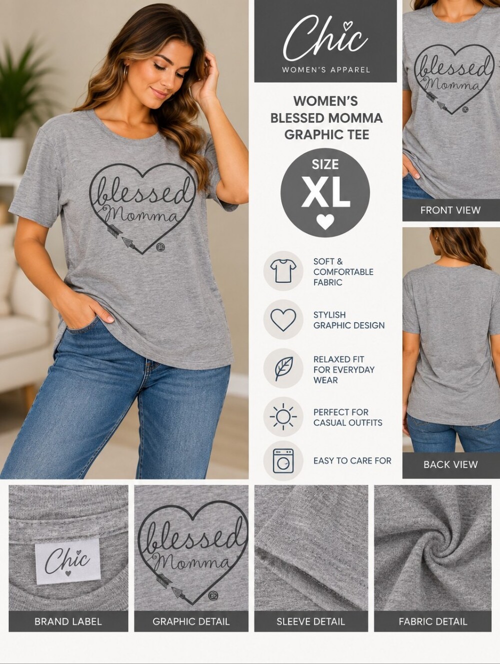 Chic Women's XL blessed mamma mom grey shirt #31